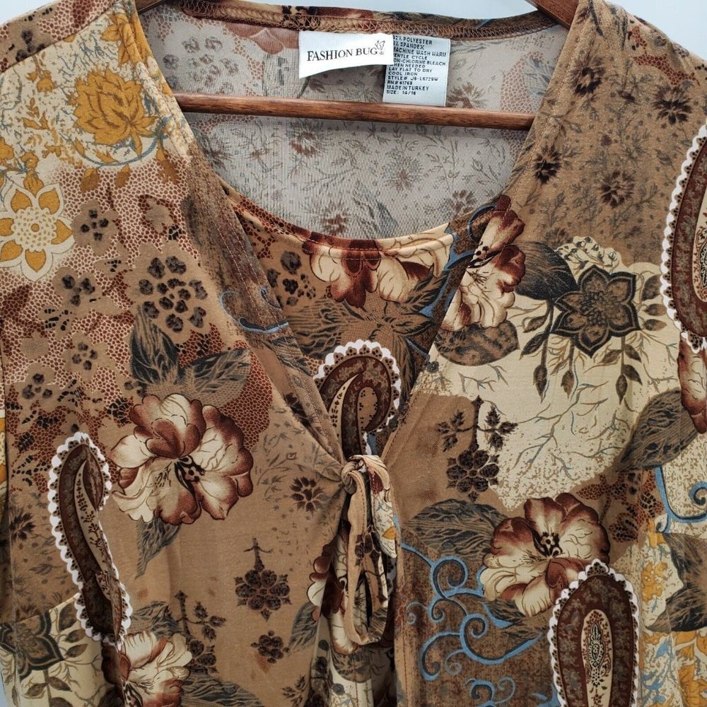 Fashion Bug Womens Paisley Print Tie Front Long Sleeve Blouse Sz 14-16 Brown - Picture 7 of 10